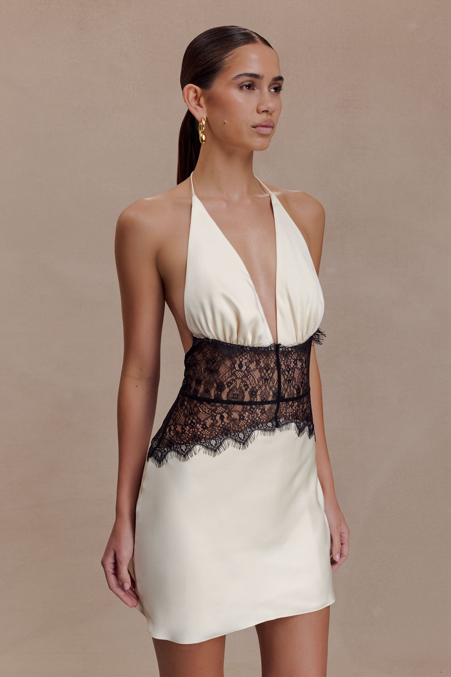 Lace And Satin Mini Dress - Black/Ivory