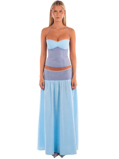 Blue Halter Lace-Up Corset Top