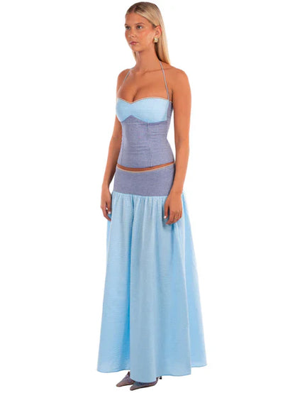 Blue Halter Lace-Up Corset Top