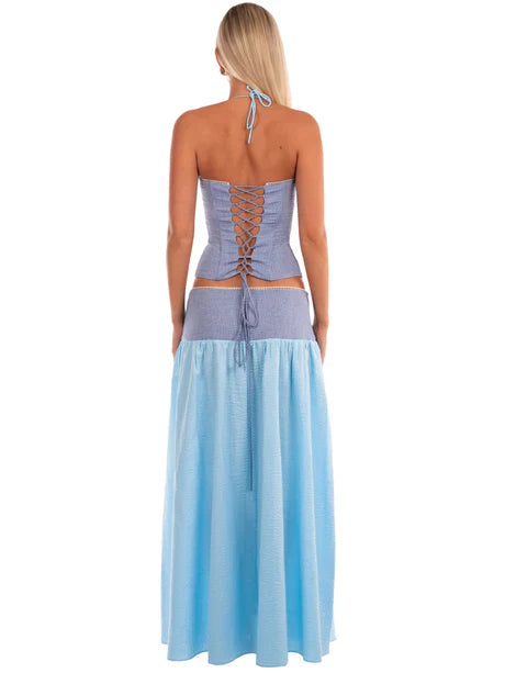 Blue Halter Lace-Up Corset Top