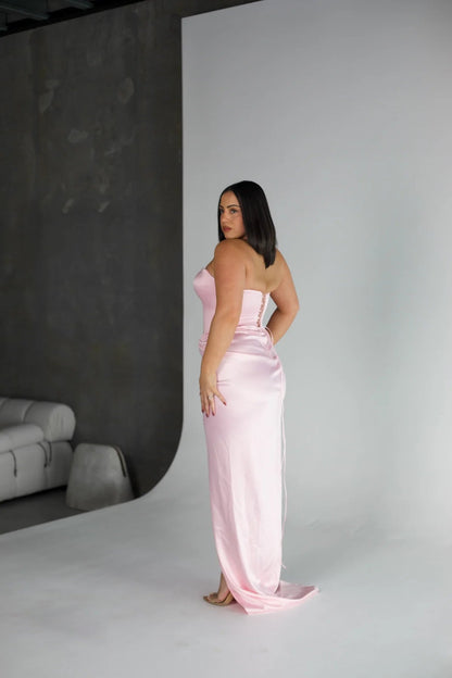 Pink Satin Slit Train Maxi Gown