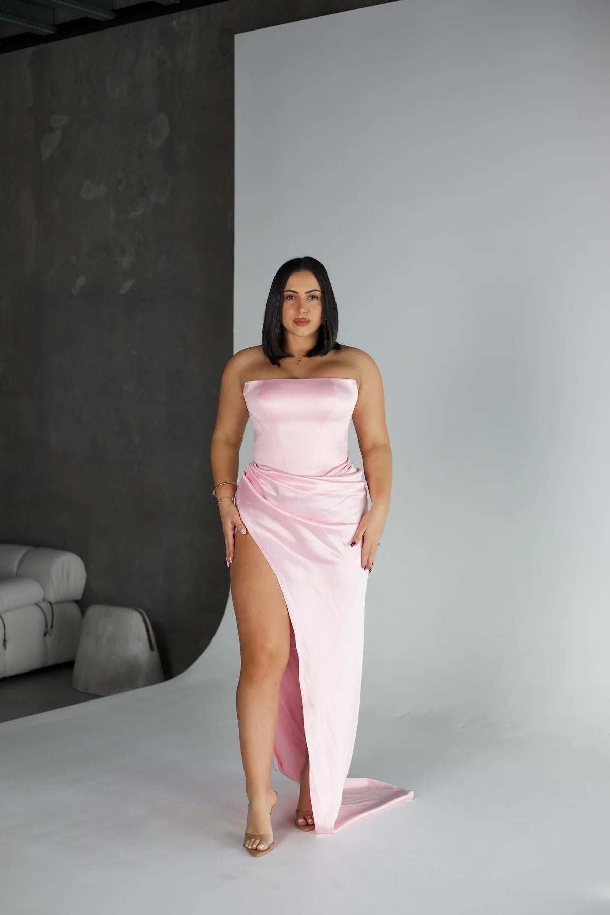 Pink Satin Slit Train Maxi Gown