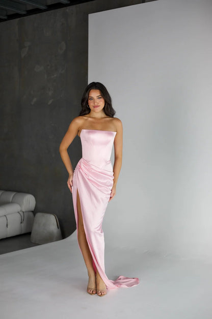 Pink Satin Slit Train Maxi Gown