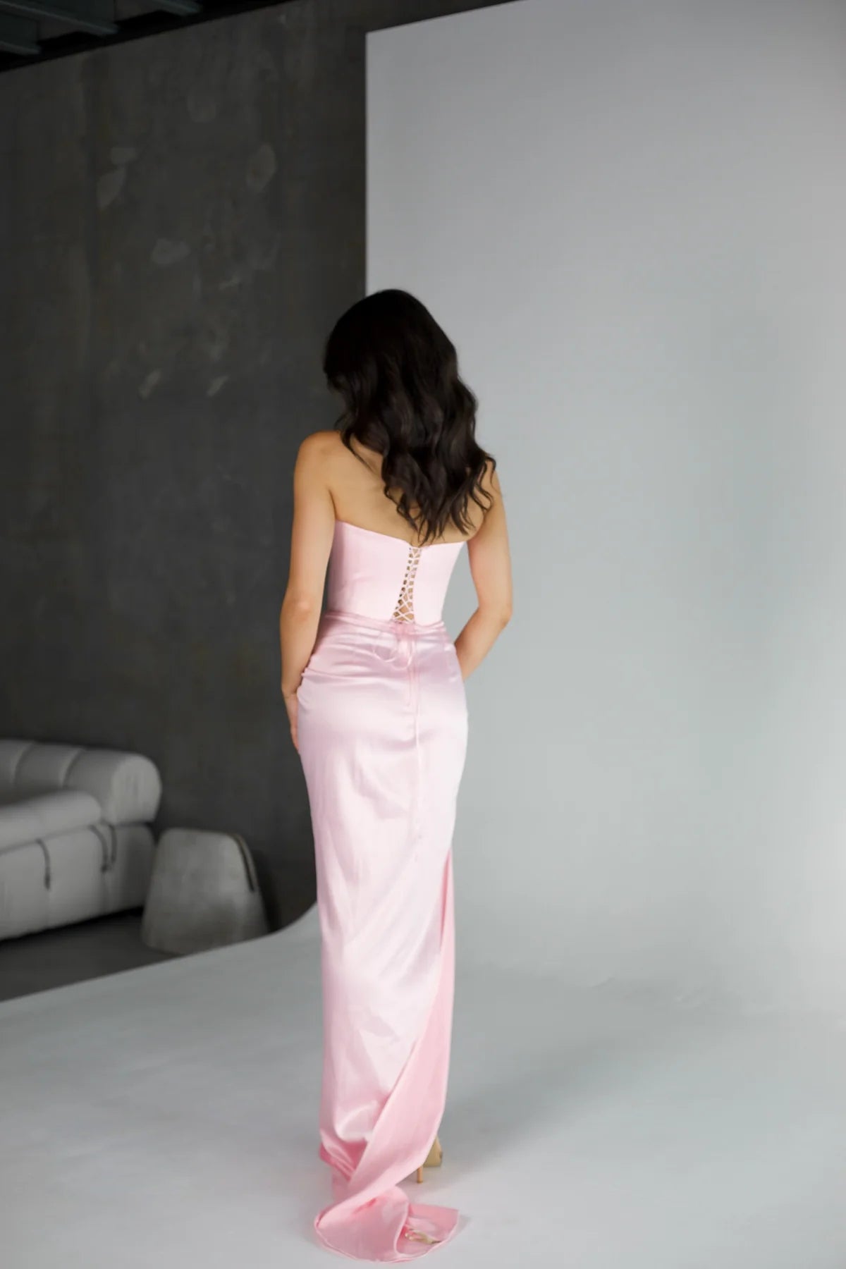 Pink Satin Slit Train Maxi Gown