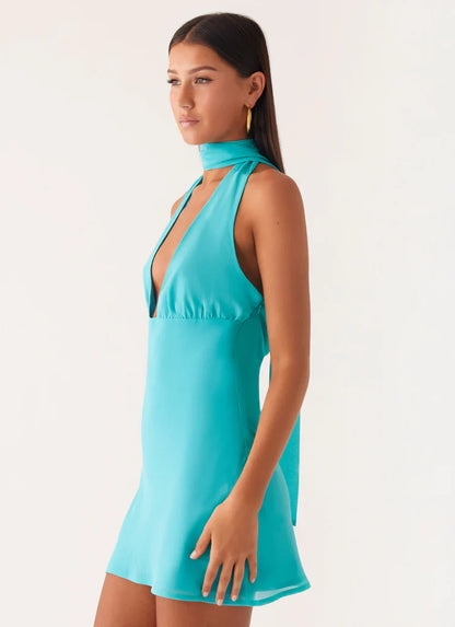 Sienna Deep V Halter Mini Dress - Teal Blue