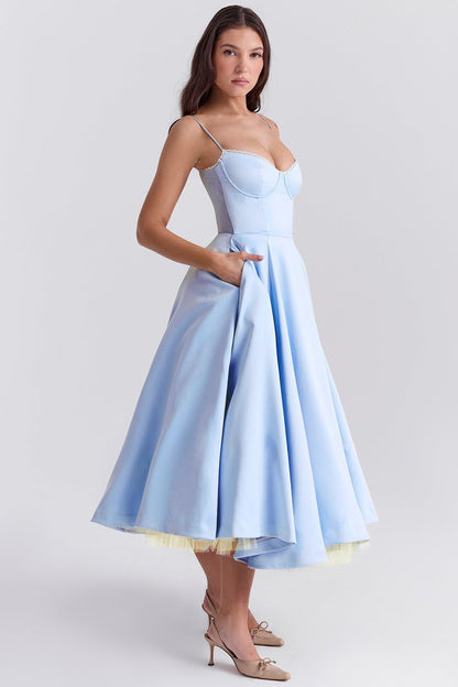 Sky Blue Satin Corset Midi Dress