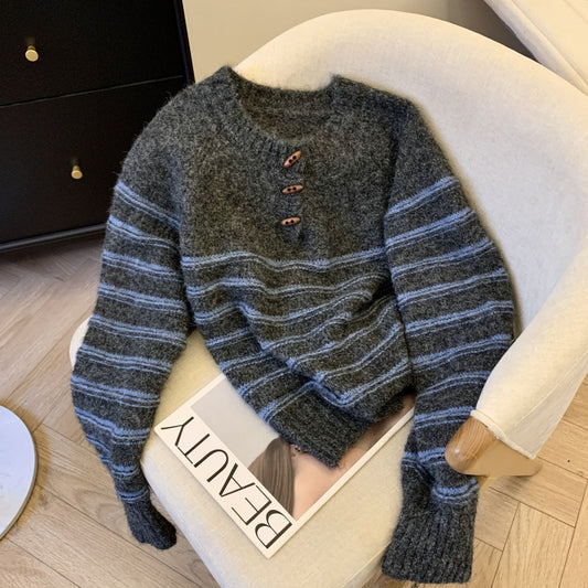 Buckled Up Striped Pullover Sweater – Retro Cozy Style