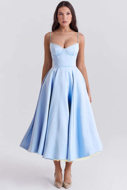Sky Blue Satin Corset Midi Dress
