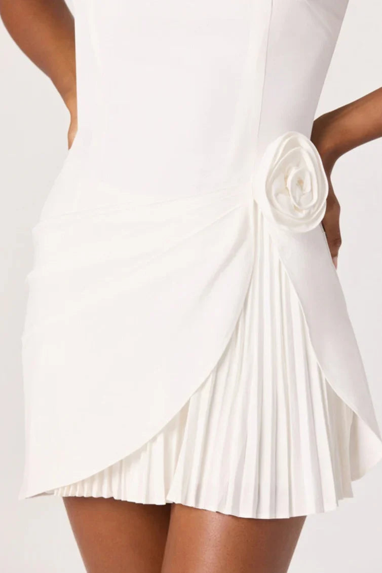 Genevieve Couture Rosette Embellished Pleated Mini Dress