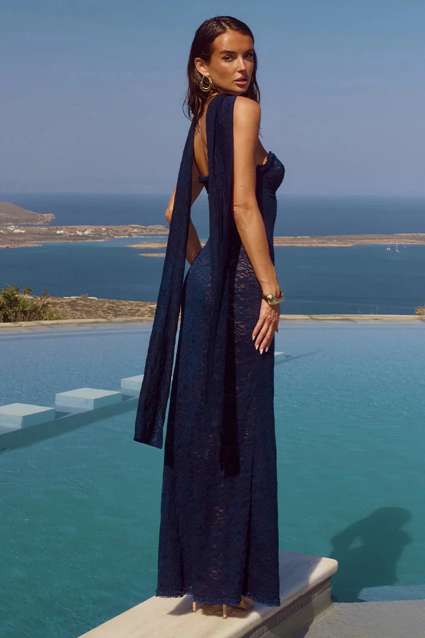 Navy Lace Streamer Fishtail Gown