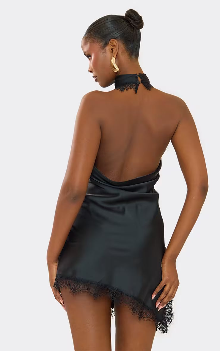 Black Satin Lace Halter Mini Dress
