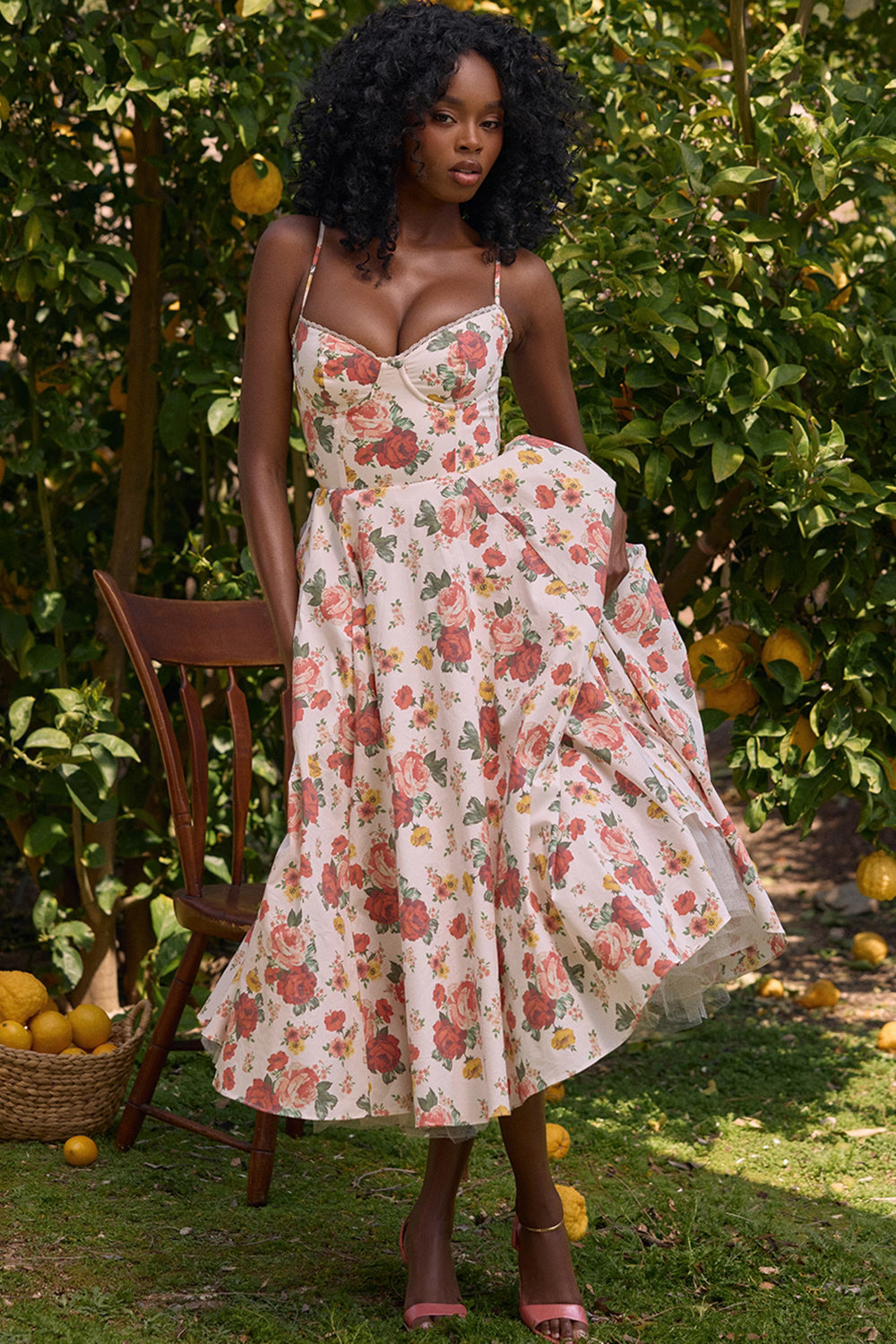 Floral Satin Corset Midi Dress