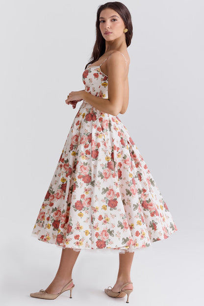 Floral Satin Corset Midi Dress