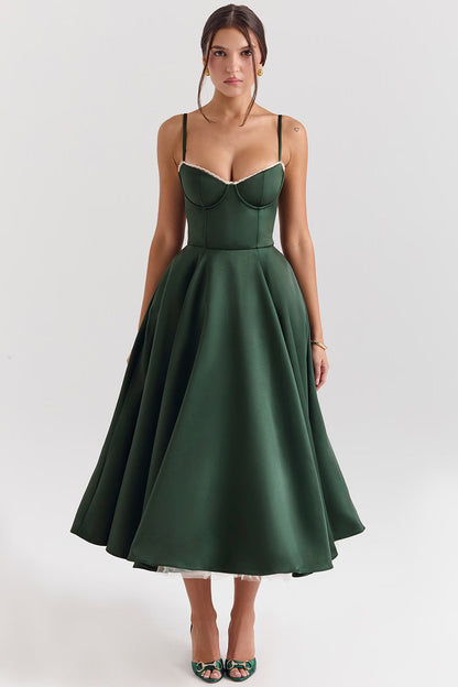 Green Satin Corset Midi Dress