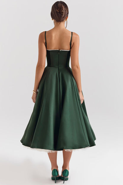 Green Satin Corset Midi Dress